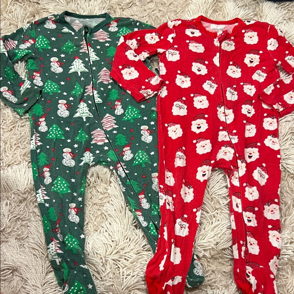 Little Me Holiday Santa & Snowman Kids One-Piece Pajamas - Red & Green